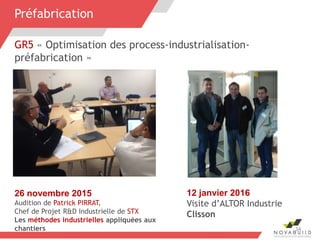 GR5 « Optimisation des process-industrialisation-
préfabrication »
26 novembre 2015
Audition de Patrick PIRRAT,
Chef de Projet R&D Industrielle de STX
Les méthodes industrielles appliquées aux
chantiers 34
12 janvier 2016
Visite d’ALTOR Industrie
Clisson
Préfabrication
 