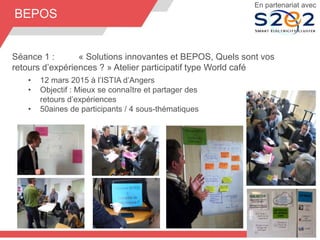 Séance 1 : « Solutions innovantes et BEPOS, Quels sont vos
retours d’expériences ? » Atelier participatif type World café
• 12 mars 2015 à l’ISTIA d’Angers
• Objectif : Mieux se connaître et partager des
retours d’expériences
• 50aines de participants / 4 sous-thématiques
40
En partenariat avec
BEPOS
 