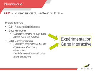 Projets retenus
• GT1 Retour d’Expériences
• GT2 Protocole
• Objectif : rendre le BIM plus
lisible pour les acteurs
• GT3 Communication
• Objectif : créer des outils de
communication pour
démontrer
l’intérêt du collaboratif et sa
mise en œuvre
43
Numérique
GR1 « Numérisation du secteur du BTP »
Expérimentation
Carte interactive
 