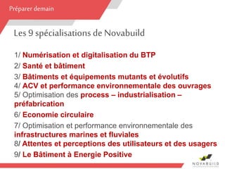 Les 9 spécialisations deNovabuild
1/ Numérisation et digitalisation du BTP
2/ Santé et bâtiment
3/ Bâtiments et équipements mutants et évolutifs
4/ ACV et performance environnementale des ouvrages
5/ Optimisation des process – industrialisation –
préfabrication
6/ Economie circulaire
7/ Optimisation et performance environnementale des
infrastructures marines et fluviales
8/ Attentes et perceptions des utilisateurs et des usagers
9/ Le Bâtiment à Energie Positive
7
Préparer demain
 
