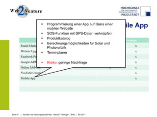 
                            Programmierung einer App auf Basis einer
                            mobilen Website
                                                                                       Mobile App
                         SOS-Funktion mit GPS-Daten verknüpfen
                         Produktkatalog
                                             Basic        Advanced                        Premium
                         Berechnungsmöglichkeiten für Solar und
         Social Media Check                        x              x                             x
                            Photovoltaik
         Website Upgrade Terminplaner             x              x                             x
         Facebook Page                                                             x            x
                      
         Google AdWords               Risiko: geringe Nachfrage                    x            x
         Online Jobbörse                                                           x            x
         YouTube Channel                                                                        x
         Mobile App                                                                             x




Seite 11 | Sanitär-und Heizungsbaubetrieb| Stanzl / Treitinger / Birkl | SS 2011
 