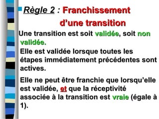 Règle 2 : FranchissementFranchissement
d’une transitiond’une transition
Une transition est soitUne transition est soit validéevalidée, soit, soit nonnon
validée.validée.
Elle est validée lorsque toutes lesElle est validée lorsque toutes les
étapes immédiatement précédentes sontétapes immédiatement précédentes sont
actives.actives.
Elle ne peut être franchie que lorsqu’elleElle ne peut être franchie que lorsqu’elle
est validée,est validée, etet que la réceptivitéque la réceptivité
associée à la transition estassociée à la transition est vraievraie (égale à(égale à
1).1).
 