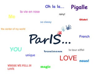 Oh la la….          Pigalle
                 la vie en rose
                                              rainy!
      Me                                                        Cliché!
                                  so classy

the center of my world


                                                                French



        YOU                         business
                                                       la tour eiffel
                         unique
                                              LOVE              nous!
      where we fell in            magic
      love
 