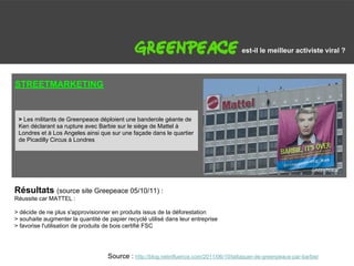 G                                                                                         est-il le meilleur activiste viral ?



STREETMARKETING


    > Les militants de Greenpeace déploient une banderole géante de
    Ken déclarant sa rupture avec Barbie sur le siège de Mattel à
    Londres et à Los Angeles ainsi que sur une façade dans le quartier
    de Picadilly Circus à Londres




Résultats (source site Greepeace 05/10/11) :
Réussite car MATTEL :

> décide de ne plus s'approvisionner en produits issus de la déforestation
> souhaite augmenter la quantité de papier recyclé utilisé dans leur entreprise
> favorise l'utilisation de produits de bois certifié FSC




                                     Source : http://blog.netinfluence.com/2011/06/10/lattaquer-de-greenpeace-par-barbie/
 