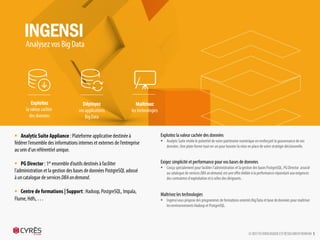 Exploitez la valeur cachée des données
 Analytic Suite révèle le potentiel de votre patrimoine numérique en
renforçant la gouvernance de vos données. Une plate-forme tout-en-un
pour booster la mise en place de votre stratégie décisionnelle.
Exigez simplicité et performance pour vos bases de données
 Conçu spécialement pour faciliter l’administration et la gestion des bases
PostgreSQL, PG Director associé au catalogue de services DBA on
demand, est une offre dédiée à la performance répondant aux exigences
des contraintes d’exploitation et à celles des dirigeants.
Maîtrisez les technologies
 Ingensi vous propose des programmes de formations orientés Big Data
et base de données pour maîtriser les environnements Hadoop et
PostgreSQL.
 Analytic Suite Appliance : Plateforme
applicative destinée à fédérer l’ensemble des
informations internes et externes de l’entreprise
au sein d’un référentiel unique.
 PG Director : 1er ensemble d’outils destinés à
faciliter l’administration et la gestion des bases
de données PostgreSQL adossé à un catalogue
de services DBA on demand.
 Centre de formations | Support : Hadoop,
PostgreSQL, Impala, Flume, Hdfs, …
LE DEFI TECHNOLOGIQUE EST RESOLUMENT HUMAIN 5
INGENSI
Analysez vos Big Data
Exploitez
la valeur cachée
des données
Déployez
vos applications
Big Data
Maîtrisez
les technologies
 