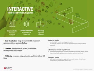 Visualisez vos données
 Interactive exploite les leviers technologiques nécessaires
pour réaliser des solutions de data visualisation répondant aux
enjeux stratégiques de votre organisation.
La technologie au service de vos performances
 Notre expertise en développement et en design permet de vous
proposer des solutions internet, intranet, extranet ou des
applications métiers répondant exactement à votre besoin.
Ergonomie et Interface
 Quelle que soit la technologie, nos équipes sont en mesure de
concevoir selon vos besoins l’interface de votre prochain outil de
communication
 Data visualisation : design de solution de data
visualisation, application métier et application Big
Data
 Site web : développement de site web, e-
commerce et intranet|extranet sous SharePoint
 Webdesign : responsive design, webdesign,
graphisme, vidéos et Rich Média
LE DEFI TECHNOLOGIQUE EST RESOLUMENT HUMAIN 7
INTERACTIVE
Révélez votre valeur ajoutée
Création site
internet
E-commerce &
SharePoint
Webdesign
Ergonomie
Interface
Data visualisation
Transformez
vos objectifs
 