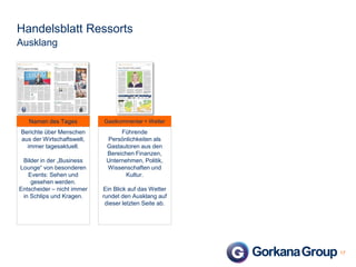 Handelsblatt Ressorts
Ausklang

Namen des Tages

Gastkommentar + Wetter

Berichte über Menschen
aus der Wirtschaftswelt,
immer tagesaktuell.

Führende
Persönlichkeiten als
Gastautoren aus den
Bereichen Finanzen,
Unternehmen, Politik,
Wissenschaften und
Kultur.

Bilder in der „Business
Lounge“ von besonderen
Events: Sehen und
gesehen werden.
Entscheider – nicht immer
in Schlips und Kragen.

Ein Blick auf das Wetter
rundet den Ausklang auf
dieser letzten Seite ab.

17

 