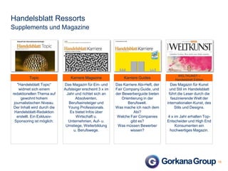 Handelsblatt Ressorts
Supplements und Magazine

Topic

Karriere Magazine

Karriere Guides

"Handelsblatt Topic“
widmet sich einem
redaktionellen Thema auf
gewohnt hohem
journalistischen Niveau.
Der Inhalt wird durch die
Handelsblatt-Redaktion
erstellt. Ein ExklusivSponsoring ist möglich.

Das Magazin für Ein- und
Aufsteiger erscheint 3 x im
Jahr und richtet sich an
Absolventen,
Berufseinsteiger und
Young Professionals.
Es bietet Infos über
Wirtschaft u.
Unternehmen, Auf- u.
Umstiege, Weiterbildung
u. Berufswege.

Das Karriere Abi-Heft, der
Fair Company Guide, und
der Bewerberguide bieten
Orientierung in der
Berufswelt.
Was mache ich nach dem
Abi?
Welche Fair Companies
gibt es?
Was müssen Bewerber
wissen?

WELTKUNST –
Handelsblatt Edition

Das Magazin für Kunst
und Stil im Handelsblatt
führt die Leser durch die
faszinierende Welt der
internationalen Kunst, des
Stils und Designs.
4 x im Jahr erhalten TopEntscheider und High End
Konsumenten ein
hochwertiges Magazin.

18

 