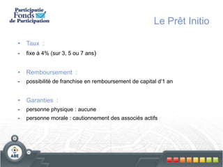 • Taux :
- fixe à 4% (sur 3, 5 ou 7 ans)
• Remboursement :
- possibilité de franchise en remboursement de capital d'1 an
• Garanties :
- personne physique : aucune
- personne morale : cautionnement des associés actifs
Le Prêt Initio
 