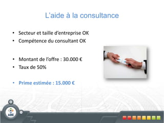 L’aide à la consultance
• Secteur et taille d’entreprise OK
• Compétence du consultant OK
• Montant de l’offre : 30.000 €
• Taux de 50%
• Prime estimée : 15.000 €
 