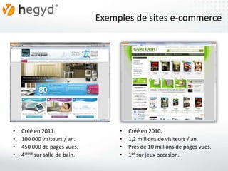 Exemples de sites e-commerce




•   Créé en 2011.                   •   Créé en 2010.
•   100 000 visiteurs / an.         •   1,2 millions de visiteurs / an.
•   450 000 de pages vues.          •   Près de 10 millions de pages vues.
•   4ième sur salle de bain.        •   1er sur jeux occasion.
 