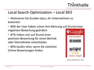 Online Marketing Consulting

   Local Search Optimization – Local SEO
   • Motivieren Sie Kunden dazu, ihr Unternehmen zu
   bewerten
   • 80% der User haben schon ihre Meinung auf Grund einer
   negativen Bewertung geändert
   • 87% haben sich auf Grund einer
   positiven Bewertung für einen Betrieb
   oder Dienstleister entschieden
   • 85% kaufen eher, wenn Sie nützliche
   Online Bewertungen finden

                                                     Quelle: Studie Cone Inc 2011



29.01.2013                http://www.thinkhalle.de                                  14
 