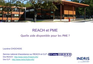REACH et PME
                      Quelle aide disponible pour les PME ?



Laurène CHOCHOIS

Service national d'assistance sur REACH et CLP
Site REACH : http://www.ineris.fr/reach-info/
Site CLP : http://www.ineris.fr/ghs-info/
 