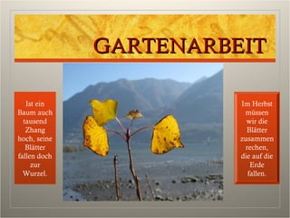 GARTENARBEITGARTENARBEIT
Im Herbst
müssen
wir die
Blätter
zusammen
rechen,
die auf die
Erde
fallen.
Ist ein
Baum auch
tausend
Zhang
hoch, seine
Blätter
fallen doch
zur
Wurzel.
 