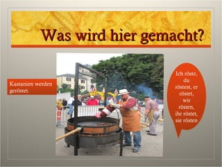 Was wird hier gemacht?Was wird hier gemacht?
Kastanien werden
geröstet.
Ich röste,
du
röstest, er
röstet,
wir
rösten,
ihr röstet,
sie rösten
 