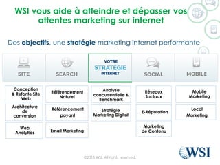 WSI vous aide à atteindre et dépasser vos
attentes marketing sur internet
Des objectifs, une stratégie marketing internet performante
©2015 WSI. All rights reserved.
Analyse
concurrentielle &
Benchmark
Stratégie
Marketing Digital
Conception
& Refonte Site
Web
Architecture
de
conversion
Web
Analytics
Référencement
Naturel
Référencement
payant
Email Marketing
Réseaux
Sociaux
E-Réputation
Marketing
de Contenu
Mobile
Marketing
Local
Marketing
 