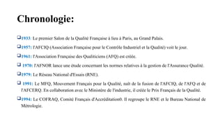 Chronologie:
1933: Le premier Salon de la Qualité Française à lieu à Paris, au Grand Palais.
1957: l'AFCIQ (Association Française pour le Contrôle Industriel et la Qualité) voit le jour.
1961: l'Association Française des Qualiticiens (AFQ) est créée.
 1970: l'AFNOR lance une étude concernant les normes relatives à la gestion de l'Assurance Qualité.
1979: Le Réseau National d'Essais (RNE).
 1991: Le MFQ, Mouvement Français pour la Qualité, naît de la fusion de l'AFCIQ, de l'AFQ et de
l'AFCERQ. En collaboration avec le Ministère de l'industrie, il créée le Prix Français de la Qualité.
1994: Le COFRAQ, Comité Français d'Accréditation0. Il regroupe le RNE et le Bureau National de
Métrologie.
 