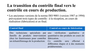 La transition du contrôle final vers le
contrôle en cours de production.
• Les anciennes versions de la norme ISO 9001 (version 1987 et 1994)
prévoyaient trois types de contrôle : à la réception, en cours de
réalisation (fabrication) et en final.
 