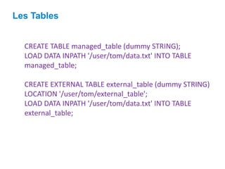 CREATE TABLE managed_table (dummy STRING);
LOAD DATA INPATH '/user/tom/data.txt' INTO TABLE
managed_table;
CREATE EXTERNAL TABLE external_table (dummy STRING)
LOCATION '/user/tom/external_table';
LOAD DATA INPATH '/user/tom/data.txt' INTO TABLE
external_table;
Les Tables
 