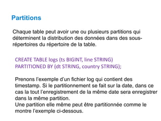 Partitions
Chaque table peut avoir une ou plusieurs partitions qui
déterminent la distribution des données dans des sous-
répertoires du répertoire de la table.
CREATE TABLE logs (ts BIGINT, line STRING)
PARTITIONED BY (dt STRING, country STRING);
Prenons l’exemple d’un fichier log qui contient des
timestamp. Si le partitionnement se fait sur la date, dans ce
cas la tout l’enregistrement de la même date sera enregistrer
dans la même partition.
Une partition elle même peut être partitionnée comme le
montre l’exemple ci-dessous.
 