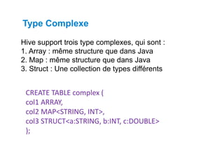 Hive support trois type complexes, qui sont :
1. Array : même structure que dans Java
2. Map : même structure que dans Java
3. Struct : Une collection de types différents
Type Complexe
CREATE TABLE complex (
col1 ARRAY,
col2 MAP<STRING, INT>,
col3 STRUCT<a:STRING, b:INT, c:DOUBLE>
);
 