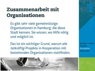 Zusammenarbeit mit
Organisationen
 Es gibt sehr viele gemeinnützige
 Organisationen in Hamburg, die diese
 Stadt kennen. Sie wissen, wo Hilfe nötig
 und möglich ist.
 Das ist ein wichtiger Grund, warum alle    Konzept + Vision 
                                            Projekte 
 tatkräftig-Projekte in Kooperation mit     Grundsätze 
                                            Mitmachen 
 bestehenden Organisationen stattﬁnden.      
                                             
 