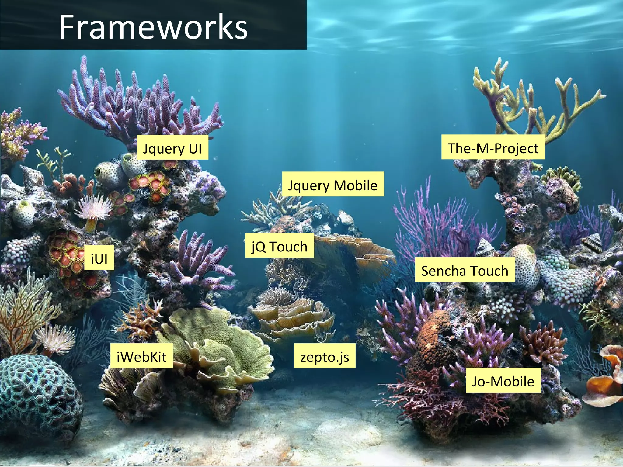 Frameworks


          Jquery UI                           The-M-Project

                           Jquery Mobile


                      jQ Touch
 iUI
                                           Sencha Touch




       iWebKit              zepto.js
                                                 Jo-Mobile
 