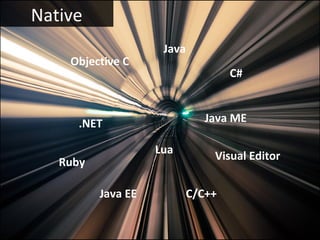 Native
                     Java
    Objective C
                                    C#



      .NET                     Java ME

                    Lua
                                Visual Editor
   Ruby

          Java EE           C/C++
 
