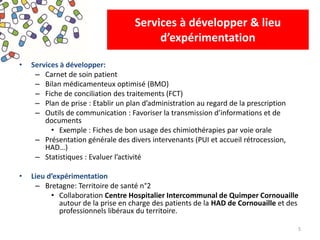 • Services à développer:
– Carnet de soin patient
– Bilan médicamenteux optimisé (BMO)
– Fiche de conciliation des traitements (FCT)
– Plan de prise : Etablir un plan d’administration au regard de la prescription
– Outils de communication : Favoriser la transmission d’informations et de
documents
• Exemple : Fiches de bon usage des chimiothérapies par voie orale
– Présentation générale des divers intervenants (PUI et accueil rétrocession,
HAD…)
– Statistiques : Evaluer l’activité
• Lieu d’expérimentation
– Bretagne: Territoire de santé n°2
• Collaboration Centre Hospitalier Intercommunal de Quimper Cornouaille
autour de la prise en charge des patients de la HAD de Cornouaille et des
professionnels libéraux du territoire.
5
Services à développer & lieu
d’expérimentation
 