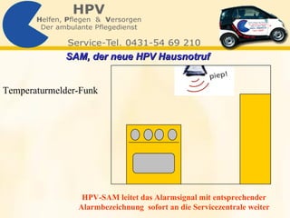 Temperaturmelder-Funk HPV-SAM leitet das Alarmsignal mit entsprechender Alarmbezeichnung  sofort an die Servicezentrale weiter SAM, der neue HPV Hausnotruf   