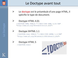 Le Doctype avant tout

                  Le doctype est le préambule d’une page HTML, il
                   spécifie le type de document.

                  Doctype HTML 4.01
                 <!DOCTYPE HTML PUBLIC "-//W3C//DTD HTML 4.01//EN"
Le Doctype




                 "http://www.w3.org/TR/html4/strict.dtd">


                  Doctype XHTML 1.1
                  <!DOCTYPE html PUBLIC "-//W3C//DTD XHTML 1.1//EN"
                  "http://www.w3.org/TR/xhtml11/DTD/xhtml11.dtd">


                  Doctype HTML 5
                  <!DOCTYPE html>
 