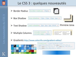 Le CSS 3 : quelques nouveautés
                           Border Radius     border-radius: 30px;
Les nouveautés du CSS 3



                           Box Shadow       box-shadow: 10px 10px 10px 1px ;



                           Text Shadow      text-shadow: 2px 2px 5px #444 ;



                                                  column-count: 2;
                           Multiple Columns      column-gap: 10px;



                           Gradients http://www.colorzilla.com/gradient-editor/
                                                       background: linear-gradient(left,
                                                       rgba(208,228,247,1) 0%,rgba(115,177,231,1)
                                                       24%,rgba(10,119,213,1) 50%,rgba(83,159,225,1)
                                                       79%,rgba(135,188,234,1) 100%);
 