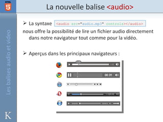 La nouvelle balise <audio>
                              La syntaxe <audio src="audio.mp3" controls></audio>
                             nous offre la possibilité de lire un fichier audio directement
Les balises audio et video



                               dans notre navigateur tout comme pour la vidéo.

                              Aperçus dans les principaux navigateurs :
 