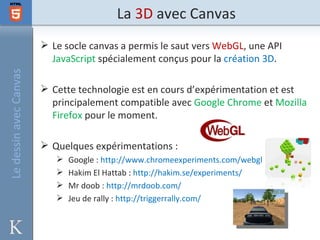 La 3D avec Canvas
                         Le socle canvas a permis le saut vers WebGL, une API
                          JavaScript spécialement conçus pour la création 3D.
Le dessin avec Canvas




                         Cette technologie est en cours d’expérimentation et est
                          principalement compatible avec Google Chrome et Mozilla
                          Firefox pour le moment.

                         Quelques expérimentations :
                              Google : http://www.chromeexperiments.com/webgl
                              Hakim El Hattab : http://hakim.se/experiments/
                              Mr doob : http://mrdoob.com/
                              Jeu de rally : http://triggerrally.com/
 