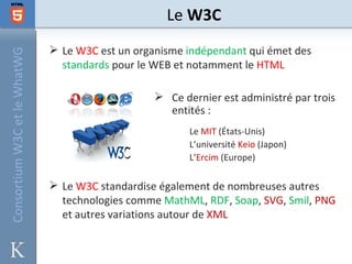 Le W3C
                               Le W3C est un organisme indépendant qui émet des
Consortium W3C et le WhatWG


                                standards pour le WEB et notamment le HTML

                                                   Ce dernier est administré par trois
                                                    entités :
                                                         Le MIT (États-Unis)
                                                         L’université Keio (Japon)
                                                         L’Ercim (Europe)

                               Le W3C standardise également de nombreuses autres
                                technologies comme MathML, RDF, Soap, SVG, Smil, PNG
                                et autres variations autour de XML
 