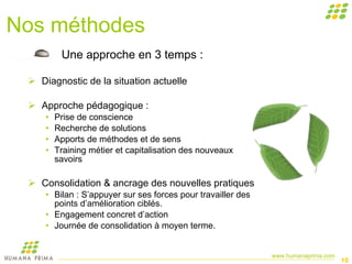 Nos méthodes Une approche en 3 temps : Diagnostic de la situation actuelle Approche pédagogique : Prise de conscience Recherche de solutions Apports de méthodes et de sens Training métier et capitalisation des nouveaux  savoirs Consolidation & ancrage des nouvelles pratiques Bilan : S’appuyer sur ses forces pour travailler des  points d’amélioration ciblés. Engagement concret d’action Journée de consolidation à moyen terme. 