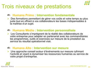 Trois niveaux de prestations Humana Primo  : Intervention fondamentale Des formations permettant de gérer vos coûts et votre temps au plus juste tout en offrant à vos collaborateurs les bases indispensables à la maîtrise d’un sujet. Humana Médio  : Intervention personnalisée Les Consultants s’imprègnent de la réalité des collaborateurs de votre entreprise pour adapter en partenariat avec les commanditaires les programmes, outils et exercices sur mesure de la prestation au service du résultat opérationnel visé. Humana Alto  : Intervention sur mesure Une approche conseil autour d’événements sur mesure rythmant l’activité et visant à dynamiser les ressources humaines au service de votre projet d’entreprise.  