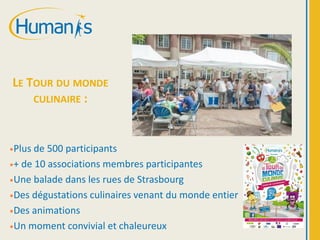 •Plus de 500 participants
•+ de 10 associations membres participantes
•Une balade dans les rues de Strasbourg
•Des dégustations culinaires venant du monde entier
•Des animations
•Un moment convivial et chaleureux
LE TOUR DU MONDE
CULINAIRE :
 