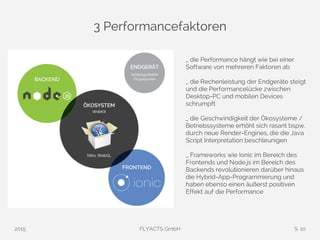 3 Performancefaktoren
2015 FLYACTS GmbH S. 10
_ die Performance hängt wie bei einer
Software von mehreren Faktoren ab
_ die Rechenleistung der Endgeräte steigt
und die Performancelücke zwischen
Desktop-PC und mobilen Devices
schrumpft
_ die Geschwindigkeit der Ökosysteme /
Betriebssysteme erhöht sich rasant bspw.
durch neue Render-Engines, die die Java
Script Interpretation beschleunigen
_ Frameworks wie Ionic im Bereich des
Frontends und Node.js im Bereich des
Backends revolutionieren darüber hinaus
die Hybrid-App-Programmierung und
haben ebenso einen äußerst positiven
Effekt auf die Performance
 