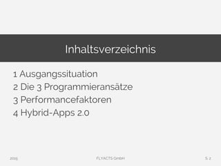 1 Ausgangssituation
2 Die 3 Programmieransätze
3 Performancefaktoren
4 Hybrid-Apps 2.0
Inhaltsverzeichnis
2015 FLYACTS GmbH S. 2
 