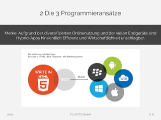 2 Die 3 Programmieransätze
Merke: Aufgrund der diversifizierten Onlinenutzung und der vielen Endgeräte sind
Hybrid-Apps hinsichtlich Effizienz und Wirtschaftlichkeit unschlagbar.
2015 FLYACTS GmbH S. 8
 
