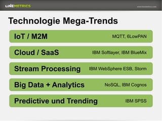 Technologie Mega-Trends
IoT / M2M MQTT, 6LowPAN
Cloud / SaaS IBM Softlayer, IBM BlueMix
Stream Processing IBM WebSphere ESB, Storm
Big Data + Analytics NoSQL, IBM Cognos
Predictive und Trending IBM SPSS
 