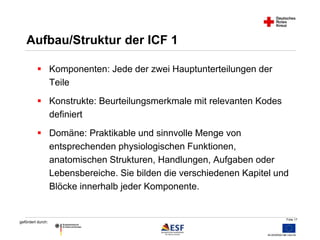 Folie 17 
Aufbau/Struktur der ICF 1 
 Komponenten: Jede der zwei Hauptunterteilungen der 
gefördert durch: 
Teile 
 Konstrukte: Beurteilungsmerkmale mit relevanten Kodes 
definiert 
 Domäne: Praktikable und sinnvolle Menge von 
entsprechenden physiologischen Funktionen, 
anatomischen Strukturen, Handlungen, Aufgaben oder 
Lebensbereiche. Sie bilden die verschiedenen Kapitel und 
Blöcke innerhalb jeder Komponente. 
 