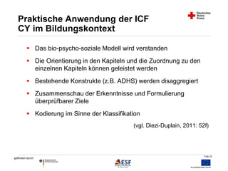 Folie 25 
Praktische Anwendung der ICF 
CY im Bildungskontext 
 Das bio-psycho-soziale Modell wird verstanden 
 Die Orientierung in den Kapiteln und die Zuordnung zu den 
gefördert durch: 
einzelnen Kapiteln können geleistet werden 
 Bestehende Konstrukte (z.B. ADHS) werden disaggregiert 
 Zusammenschau der Erkenntnisse und Formulierung 
überprüfbarer Ziele 
 Kodierung im Sinne der Klassifikation 
(vgl. Diezi-Duplain, 2011: 52f) 
 