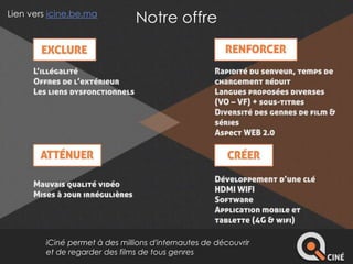 Notre offre 
Lien vers icine.be.ma 
iCiné permet à des millions d'internautes de découvrir 
et de regarder des films de tous genres 
 