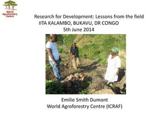 Research for Development: Lessons from the field
IITA KALAMBO, BUKAVU, DR CONGO
5th June 2014
Emilie Smith Dumont
World Agroforestry Centre (ICRAF)
 