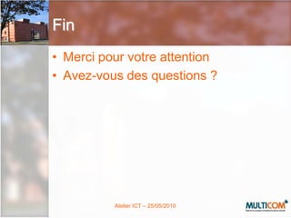 ConclusionBâtiment intelligent : grande diversitéBesoin d’abstraction des objets communicantsKNX est un candidat plausible malgré quelques limitationsIntroductionContexteProblématiquesPropositionMise en œuvreConclusion
