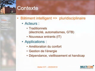 ContexteBâtiment intelligent =>  pluridisciplinaireActeurs : Traditionnels (électricité, automatismes, GTB)Nouveaux entrants (IT)Applications :Amélioration du confortGestion de l’énergieDépendance, vieillissement et handicapIntroductionContexteProblématiquesPropositionMise en œuvreConclusion
