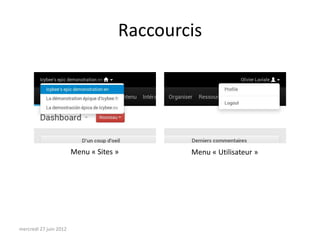 Raccourcis




                        Menu « Sites »       Menu « Utilisateur »




mercredi 27 juin 2012
 