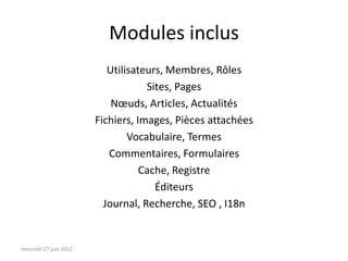 Modules inclus
                           Utilisateurs, Membres, Rôles
                                    Sites, Pages
                            Nœuds, Articles, Actualités
                        Fichiers, Images, Pièces attachées
                                Vocabulaire, Termes
                           Commentaires, Formulaires
                                   Cache, Registre
                                      Éditeurs
                          Journal, Recherche, SEO , I18n


mercredi 27 juin 2012
 